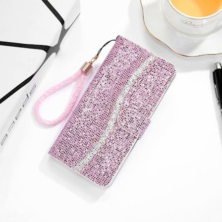 Fodral för iPhone 13 Pro rosa Glitter Flip Diamantplånbok med korthållare