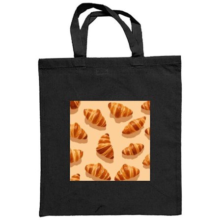 Stoffpose Croissantmønster med gyldenbrune franske bakverk på beige bakgrunn, kaféinspirert design med elegant og varm illustrasjon.