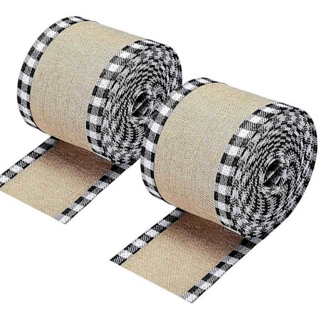 2 ruller julebånd med bøffelrutemønster og ståltrådkant for juleinnpakning, håndverksdekorasjon hvitt og svart