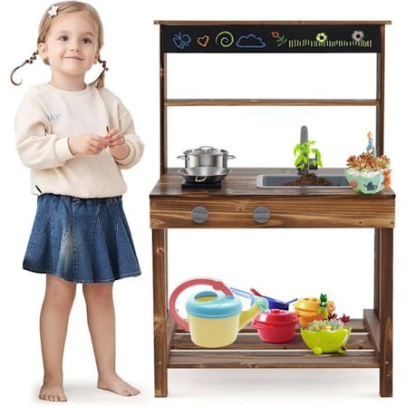 Udendørs børnekøkken i grantræ - COSTWAY - 2 tilbehør - Realistisk vandhane og håndvask