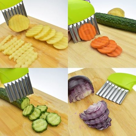 3 stk. kartoffelskræller i rustfrit stål med bølget blad, chipskærer, krølskærer, grøntsagshakker