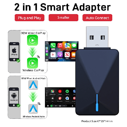 Kablet til trådløs CarPlay 2 in1 Mini Adapter Android Auto Smart Box Plug and Play