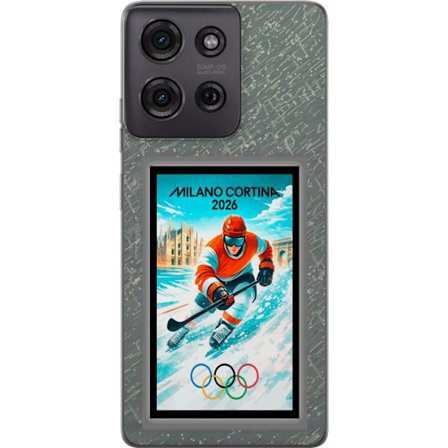 Yhteensopiva Puhelinkuori Motorola Moto G75 Curlingkuvitus pelaajilla ja kivillä jäällä, Milano Cortina 2026, lumisia roiskeita ja olympiasormukset