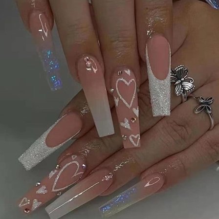 IC Lange Falske Hjerte-Negle Design Akryl Full Dekning Kunstige Bling Falske Negle for Kvinner og Jenter 24stk