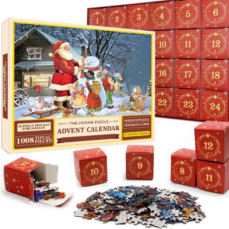 Jigsaw-puslespill Julekalender 2024, 1008 Brikker 24 Dager til Jul Nedtelling Julekalender Jigsaw-puslespill