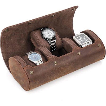 Aito nahka kellolaatikko rulla matkalle, korut kellon säilytyslaatikko ja sylinterimäinen kellonsuojakotelo pehmeä laukku (Kahvi2, 3 kellolle)