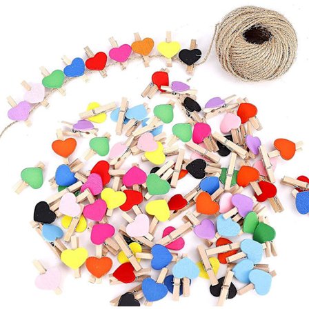 100 hjärtformade klädnypor - Mini träklädnypor med jutesnöre - Mini klädnypor Dekorativa små föremål (slumpmässiga färger)