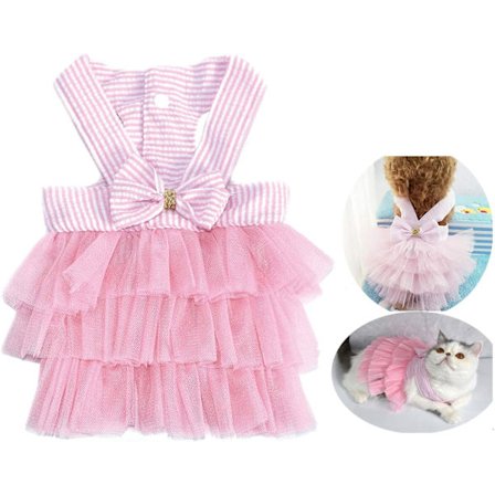 Kjole til kæledyrshund og kat, kjole med sløjfe og striber (S, pink)