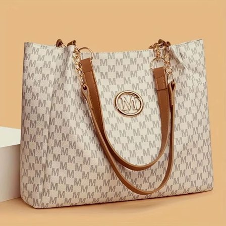 Vintage Geometrisk Tygväska Syntetiskt Läder Bokstaven "M" Design för Kvinnor Handväska Axelväska Stor Kapacitet Shopping Resväska