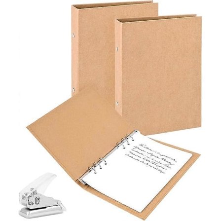 Ringpärm A5 Påfyllningsbar Kraftpapper, 2-delars Set med Hålslag, Ringpärm A5 med 2 Ringar för Att Lägga Till Broschyrpapper Lösa Ark för Sc