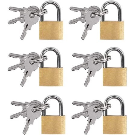 6-pakning koffertlåser med nøkkel Liten messing hengelås Bagasje L