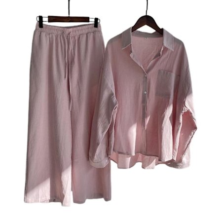 Dame Langærmet Skjorte Kostume Casual Bluse + Elastisk Talje Vide Ben Bukser Sæt Pink
