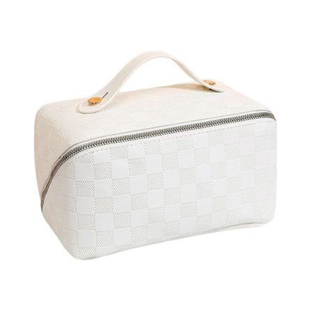 PU Makeup Taske Opbevaringsetui Skrå Lynlås Gaver Rejser til Kvinder Piger Hvid White 21.5cmx12cmx12cm