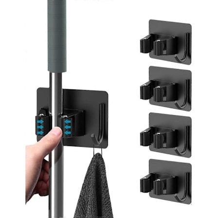 Moppeholder, 4 Dele Selvklæbende Moppeholder i Rustfrit Stål, Vægmonteret med Krog, Selvklæbende Kosteskaftsholder