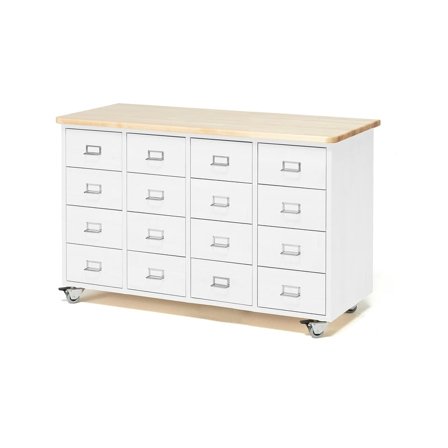 Købmandsdisk, håndtag med navneskilt, 16 skuffer, hvid