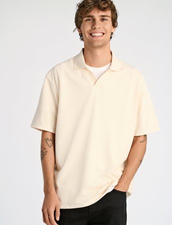 Lindbergh V-Neck Jacquard Polo S/S - Cream - XL