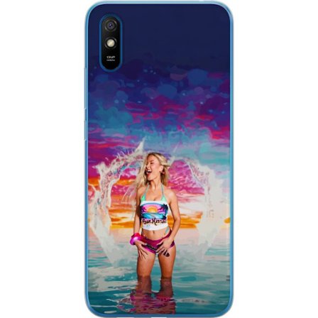 Kompatibel Mobilcover til Xiaomi Redmi 9AT Blond kvinde i farverigt strandtøj, der leger i havet ved solnedgang