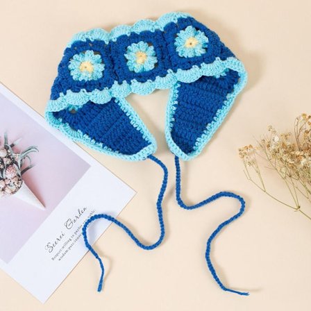 Heklet blomst pannebånd Skjerf Strikket hårbånd BLÅ