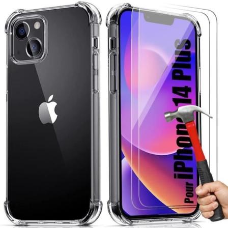 Fodralpaket för iPhone 14 Plus och 2 härdade glasögon, skyddspaket 4 silikonförstärkta hörn Transparent
