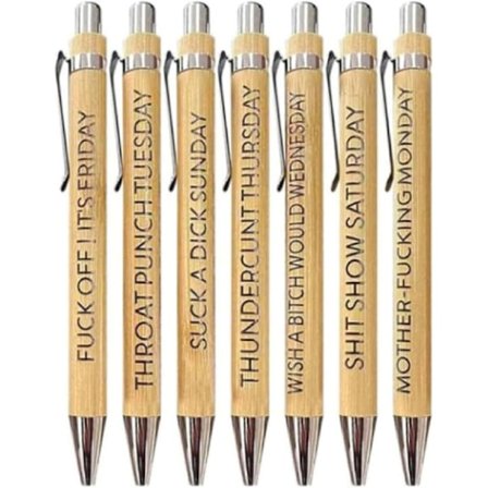 Sarkastiske ukentlige bambuspenner, 7 stk sarkastiske ukentlige bambuspenner, morsomme penner for syv dager i uken, sarkastiske ukentlige penner, 