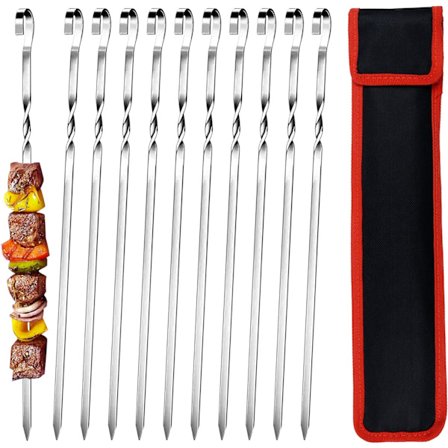 Sett med 10 grillspyd i rustfritt stål for grill, flate metallspyd 38 cm, med bærbar oppbevaringspose