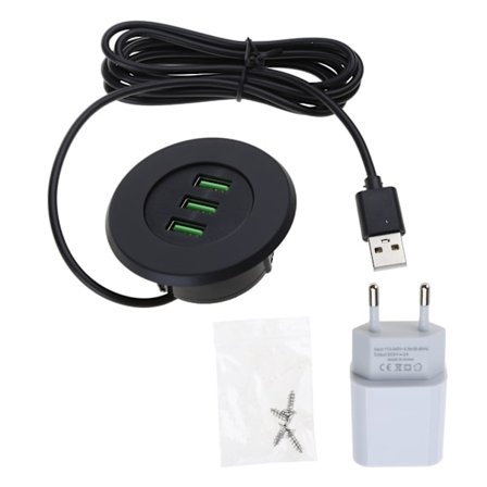 3-portars USB-skrivbordsladdare Skrivbordsladdningsstation monteras på 2,0"/50 mm genomgående hål med adapter och 1,5 m strömförsörjning-WELLNGS