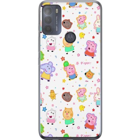 Kompatibelt Mobildeksel til Motorola Moto G50 Fargerike tegneserie dyrekarakterer i en leken stil med stjerner og prikker på en lys bakgrunn