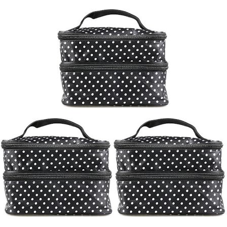 3 stk. håndholdt kosmetikpung til kvinder og piger med prikker og to lag med lynlås (sort)