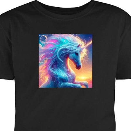 T-Shirt Farverig enhjørning i vand med regnbuefarver, glødende lys, magisk fantasyatmosfære og drømmelignende illustration med stærk visuel effek