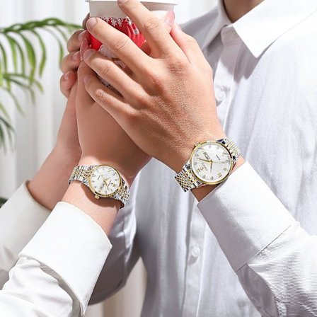 Dobbelt Kalender Ur Par Stålrem Ur Mænds Og Kvinders Kvarts Ur Med Diamant