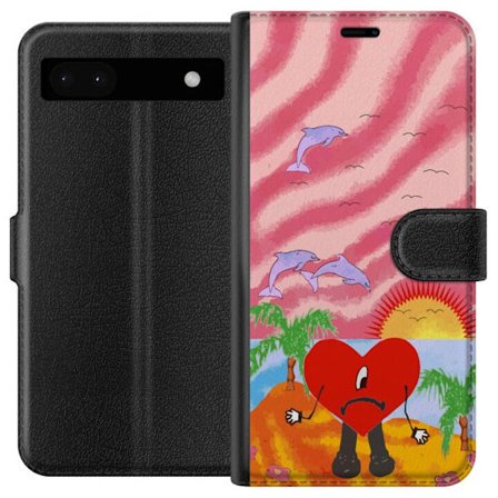 Kompatibel Tegnebogsetui til Google Pixel 6a Bad Bunny i en farverig quiltet jakke med hjertemønster og solbriller i moderne gade stil