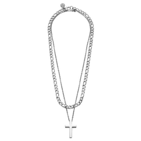 Silver-tone Cross and Figaro Chain Layering Set for Men - Steel necklaces