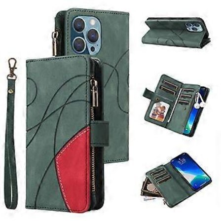 Kompatibel med iPhone 14 Pro Max Wallet Case med kortlommer PU læder lynlås flip folio cover - Grøn