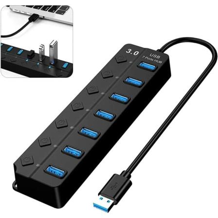 USB 3.0 -keskitin, 7-porttinen USB-virtapalkki erillisellä kytkimellä, virtalähteinen USB 3.0 -keskitin, useita USB-portteja PC:lle, kannettavalle 