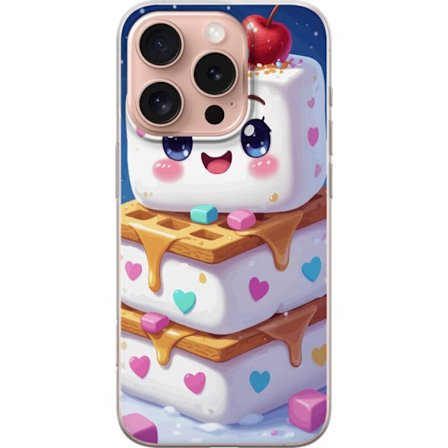 Apple iPhone 16 Pro Gjennomsiktig deksel Søt marshmallowfigur med hjerter, vafler, sirup og fargerike biter skaper et lekent dessertmotiv i en glad o