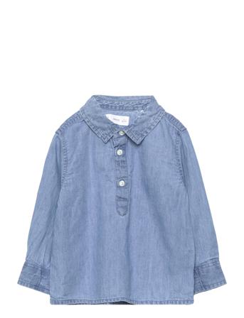 Cotton Denim Shirt Tops Shirts Long-sleeved Shirts Blue Mango