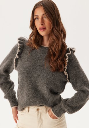 SELECTED - Slfalva Frills Ls Knit O-neck - Medium Grey Melange Detail:BIR