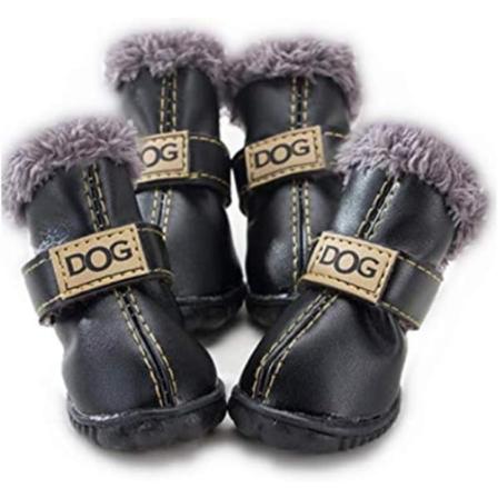 Hundesnegle Vandtætte og Skridsikre Hundesko med Pelskrave PU Læder Hundestøvle Varme og Komfortable Dyresko (Sort)