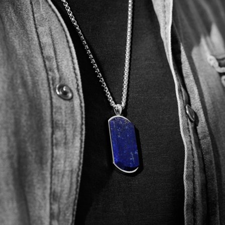 Orisun | Silver-Tone Stainless Steel Lapis Lazuli Dog Tag Necklace for Men - Steel necklaces