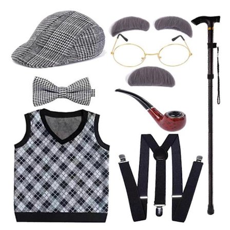 Kostymesett for barn og eldre, Halloween bestefar kostyme utkledning, vest, hatt og briller, svart vestsett
