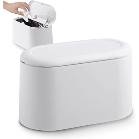 Bord søppelbøtte med pop-up lokk, mini plast bord søppelbøtte, skrivebord søppelbøtte for bad, kontor, skrivebord, oppbevaringsboks for dyremat (hvit