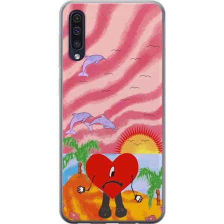 Kompatibel Mobilcover til Samsung Galaxy A50 Bad Bunny i en farverig quiltet jakke med hjertemønster og solbriller i moderne gade stil