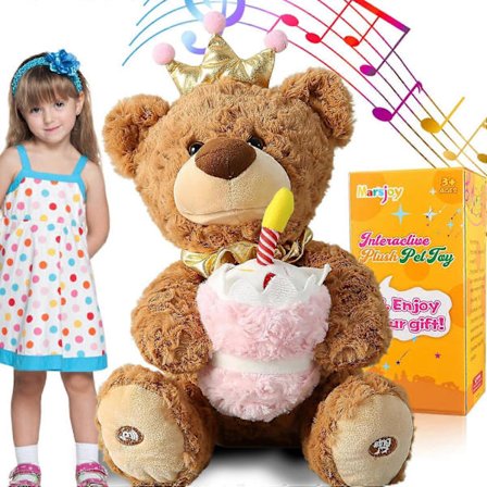 Musikalsk Happy Birthday Teddybjørn med Lysende Cupcake, Animeret Plyslegetøj Syngende Dansende Talende Plys Bjørn Gentagende