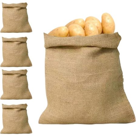 5-pak kartoffel-jutesække - 40x60cm. Åndbare jutesække til opbevaring af mad. Velegnet til kaffebønner, kaffesand og lagergårde.