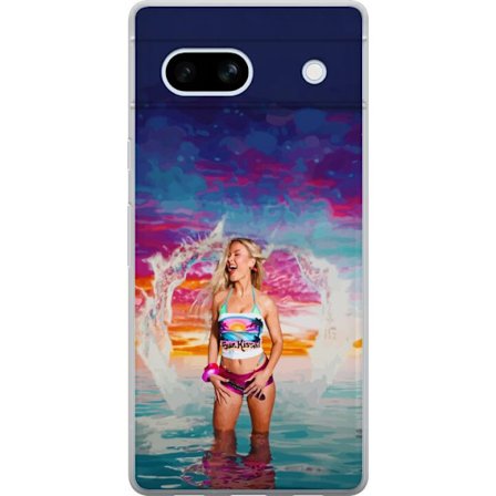 Kompatibelt Mobildeksel til Google Pixel 7a Blond kvinne i fargerik strandantrekk som leker i havet ved solnedgang