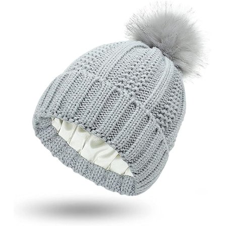 Dame Strikket Hue Med Satinforing Pom Pom Vinter Varm Hue Bobble Hat
