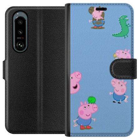 Kompatibelt Lommeboketui til Sony Xperia 5 III Peppa Pig ansiktsmønster på lys blå bakgrunn, gjentatt leken barndommotiv med Greta Gris
