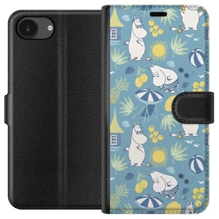 Kompatibelt Lommeboketui til Apple iPhone 16e Strandtema med frukt, parasoller, sommerhus og glade figurer i et fargerikt mønster fylt med lekne detal