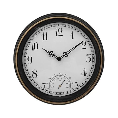 QD-Vattentät Utomhus Väggklocka med Termometer IP44 Vintage Rund Trädgårdsklocka 12 Tum Utomhusklocka