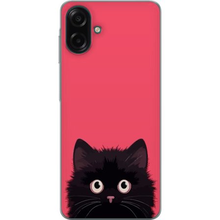 Kompatibelt Mobilskal till Samsung Samsung Galaxy A07 4G Söt svart katt mot rosa bakgrund kawaii illustration med mjuk päls och stora ögon perfekt